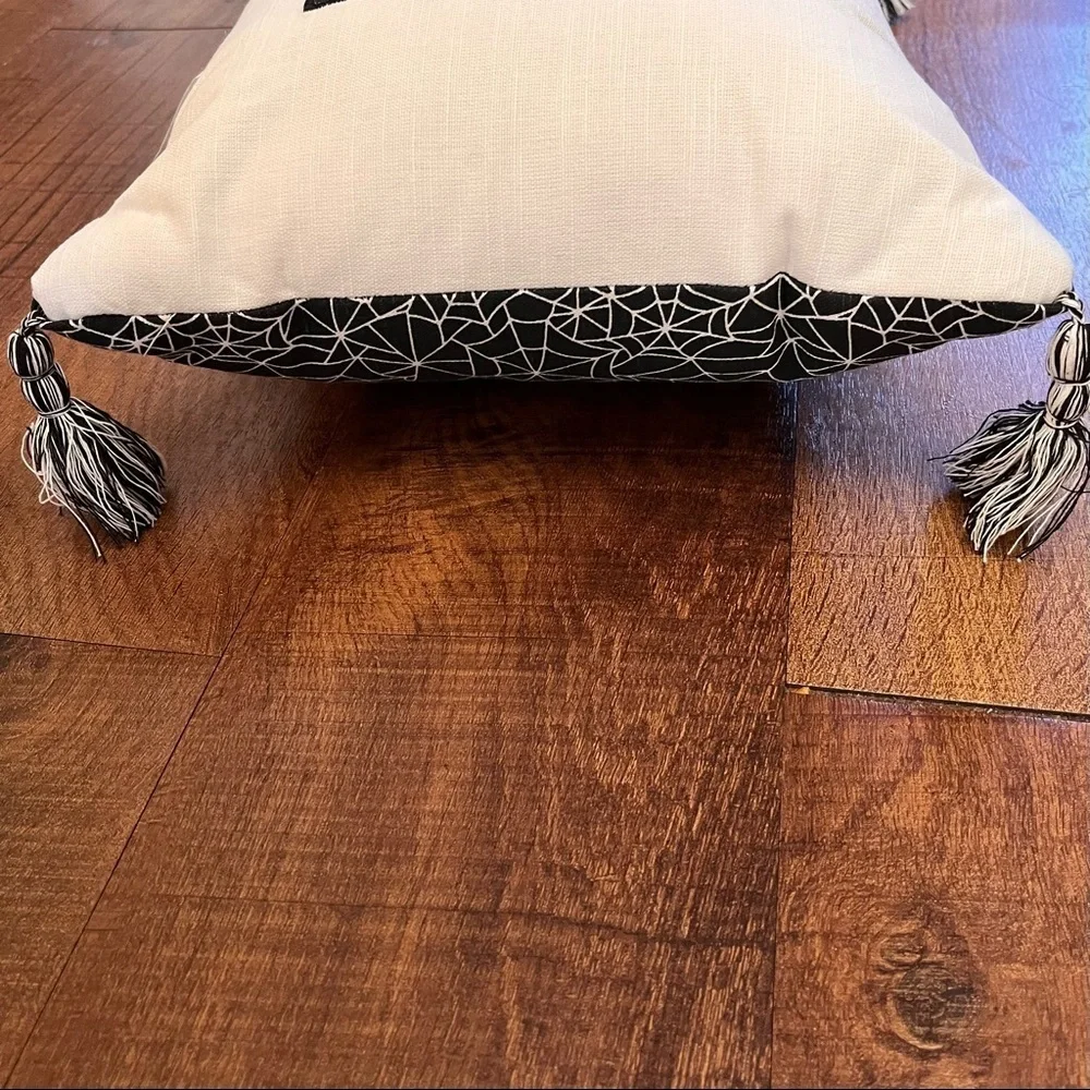 Brand new Halloween EEK! Pillow w/tassels black white spider webs rectangle